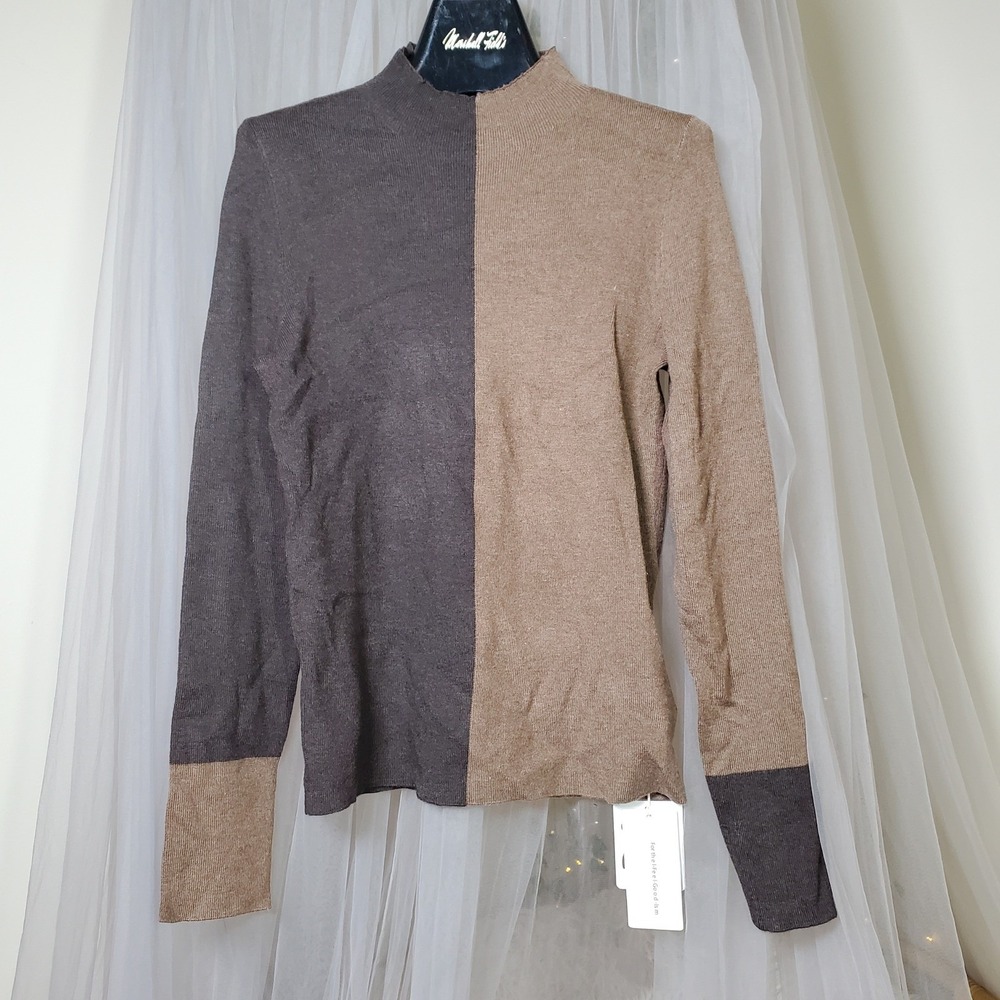 Commense Two-Tone Brown and Tan Cowl Neck Sweater